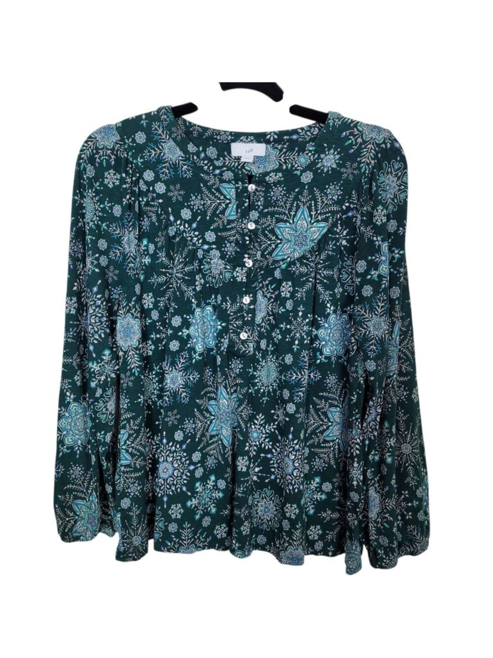 J. Jill Dark Green Long Sleeve Peasant Popover Blouse Mandala Snowflake Sz MP